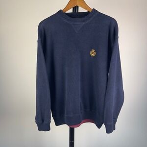 Vintage Ivy Crew Classics Navy Blue Ramie Cotton Knit Crest Sweater Mens Large
